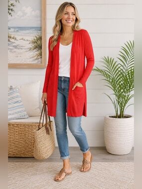 Halogen Red Linen Blend Open Front Long Cardigan Sweater Medium